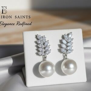 Iron Saints Sparkling CZ Crystal Leaf & Large Faux Pearl Drop Earrings - New